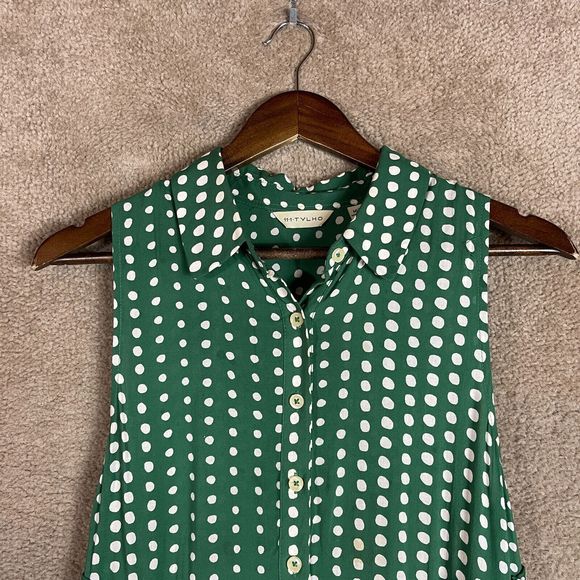 Anthropologie 11.1 Tylho Brynn Shirt Dress Womens Medium Green Polka Dot Aline - Picture 4 of 11